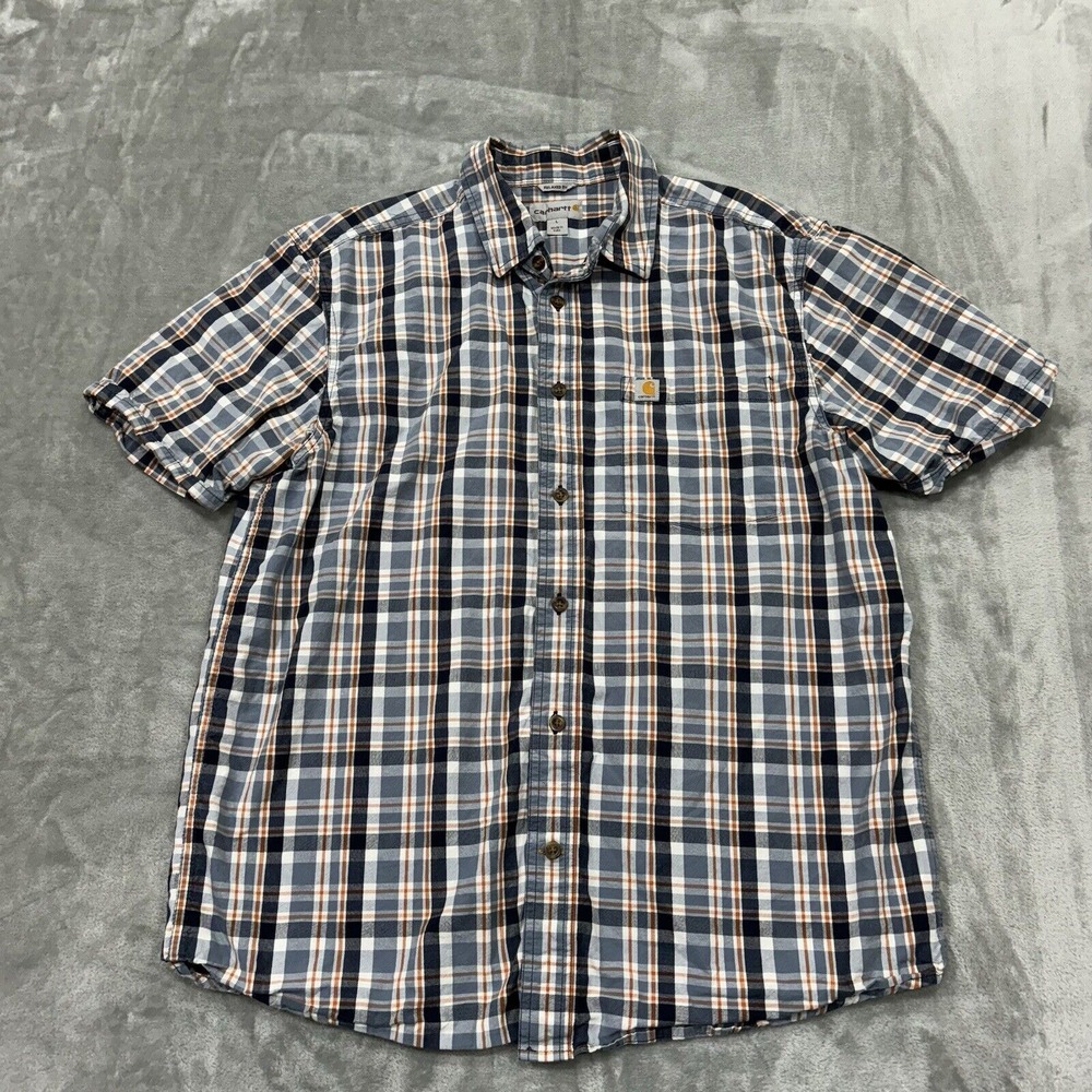 Carhartt Shirt Mens Large Blue Orange Plaid Short Sleeve Button Relaxed Fit Work